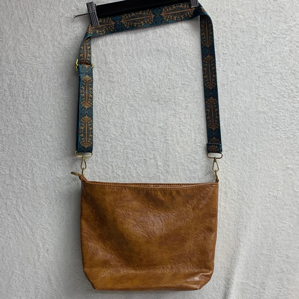 Brown Leather Crossbody Bag with Patterned Strap Women’s Purse